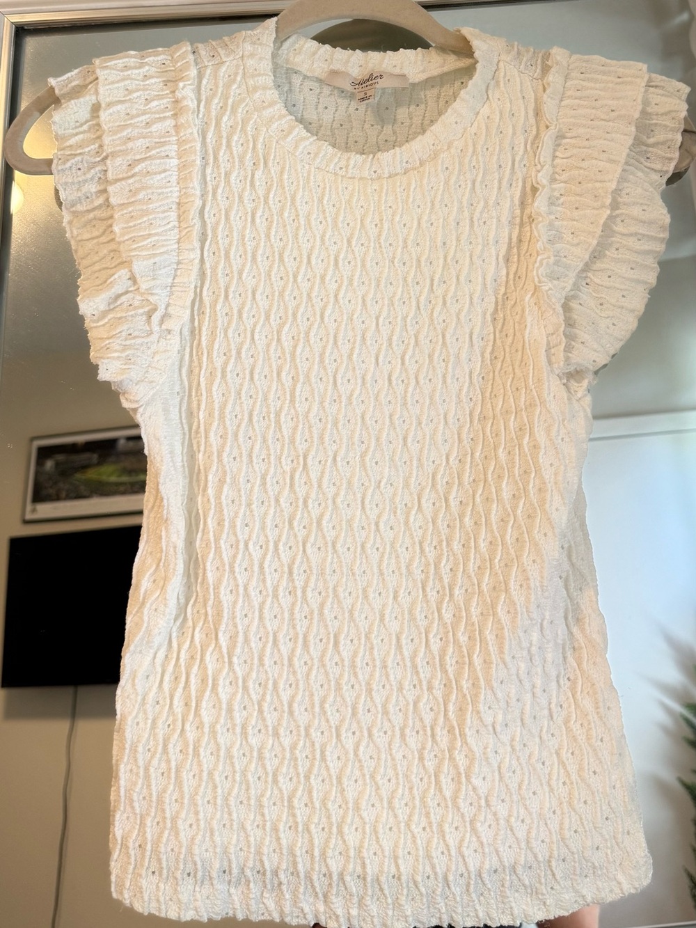 Textured Ruffle-Sleeve Knit Top in Cream